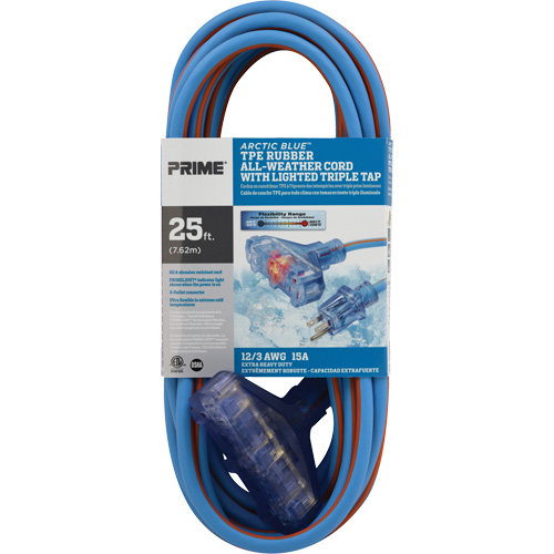 Cordons rallonges en caoutchouc TPE Arctic Blue, Toutes saisons, SJEOW, AWG 12/3, 15 A, 3 prise(s), 25' GTA Hardware Inc