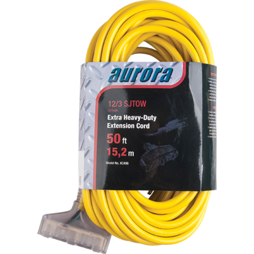 Vinyl Extension Cord with Light Indicator, Outdoor, SJTOW, 12/3 AWG, 15 A, 3 Outlet(s), 50' GTA Hardware Inc