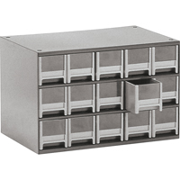 Modular Parts Cabinets, Steel, 15 Drawers, 17" x 10-9/16" x 3-1/16", Grey GTA Hardware Inc