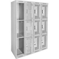 Clean Line Lockers, 3 -tier, Bank of 4, 48" x 12" x 72", Steel, Grey, Rivet (Assembled), Perforated GTA Hardware Inc