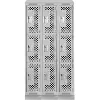 Clean Line Lockers, 3 -tier, Bank of 3, 36" x 15" x 82", Steel, Grey, Rivet (Assembled), Perforated GTA Hardware Inc