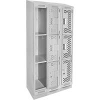 Clean Line Lockers, 3 -tier, Bank of 3, 36" x 15" x 82", Steel, Grey, Rivet (Assembled), Perforated GTA Hardware Inc