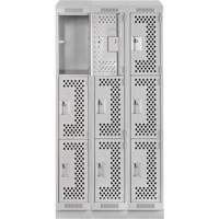 Clean Line Lockers, 3 -tier, Bank of 3, 36" x 15" x 82", Steel, Grey, Rivet (Assembled), Perforated GTA Hardware Inc