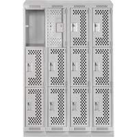 Clean Line Lockers, 3 -tier, Bank of 4, 48" x 15" x 82", Steel, Grey, Rivet (Assembled), Perforated GTA Hardware Inc