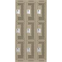 Clean Line Lockers, 3 -tier, Bank of 3, 36" x 12" x 72", Steel, Beige, Rivet (Assembled), Perforated GTA Hardware Inc