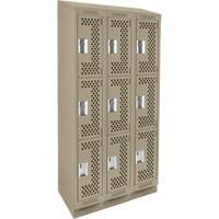 Clean Line Lockers, 3 -tier, Bank of 3, 36" x 15" x 82", Steel, Beige, Rivet (Assembled), Perforated GTA Hardware Inc