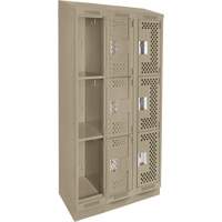 Clean Line Lockers, 3 -tier, Bank of 3, 36" x 15" x 82", Steel, Beige, Rivet (Assembled), Perforated GTA Hardware Inc