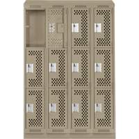 Clean Line Lockers, 3 -tier, Bank of 4, 48" x 15" x 82", Steel, Beige, Rivet (Assembled), Perforated GTA Hardware Inc