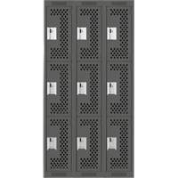 Clean Line Lockers, 3 -tier, Bank of 3, 36" x 12" x 72", Steel, Charcoal, Rivet (Assembled), Perforated GTA Hardware Inc