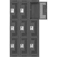 Clean Line Lockers, 3 -tier, Bank of 3, 36" x 12" x 72", Steel, Charcoal, Rivet (Assembled), Perforated GTA Hardware Inc