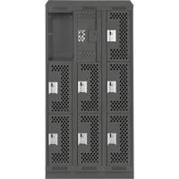 Clean Line Lockers, 3 -tier, Bank of 3, 36" x 15" x 82", Steel, Charcoal, Rivet (Assembled), Perforated GTA Hardware Inc