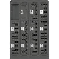 Clean Line Lockers, 3 -tier, Bank of 4, 48" x 15" x 82", Steel, Charcoal, Rivet (Assembled), Perforated GTA Hardware Inc
