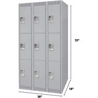 Lockers, 3 -tier, Bank of 3, 36" x 18" x 72", Steel, Grey, Knocked Down GTA Hardware Inc