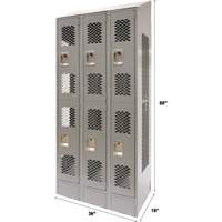 Casiers ventil&eacute;s, 2 niveaux, Bloc de 3, 36" x 18" x 88", Acier, Gris, D&eacute;mont&eacute;, Perfor&eacute; GTA Hardware Inc