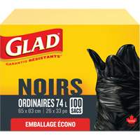 74L Garbage Bags, Regular, 26" W x 33" L, Black GTA Hardware Inc