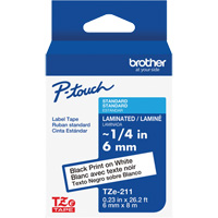 TZe-211 Laminated Tape for TZe-Compatible P-Touch Label Makers, Black on White, 0.23" Width GTA Hardware Inc