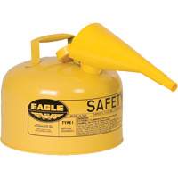 Bidon de s&eacute;curit&eacute; pour le diesel avec entonnoir, Type I, Acier galvanis&eacute;, 2,5 gal. US, Jaune, Homologu&eacute; FM/List&eacute; UL/ULC GTA Hardware Inc