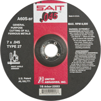Depressed Center Cut-Off Wheel, 7" x 0.045", 7/8" Arbor, Type 27, Aluminum Oxide, 8500 RPM GTA Hardware Inc